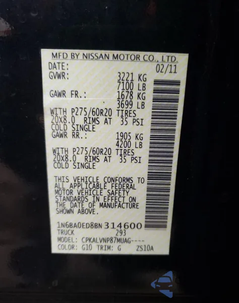 2011 Nissan Titan S из США, поврежденный, VIN 1N6BA0ED8BN314600